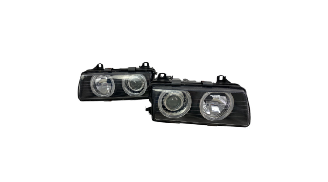 Тунинг фарове за BMW E36 (1991-1999) sedan / coupe - черни с Led angel eyes