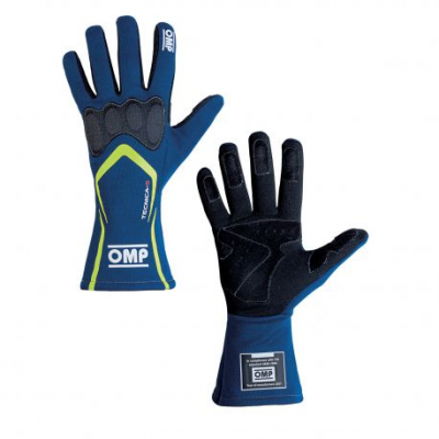 Състезателни ръкавици OMP Tecnica-S с FIA (вътрешни шевове) синьо / жълто